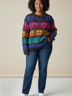 Barbara Sue Vintage  Multicolor Snowflake Crewneck Sweater in Brilliant Colours